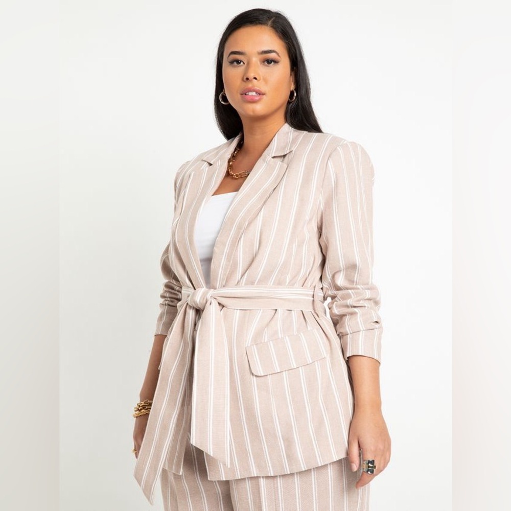 Eloquii Linen Two Toned Trench Coat Single Button Tie Waist Striped Blazer